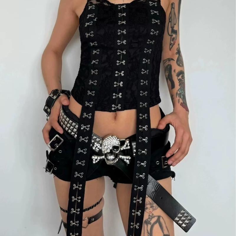 Y2K Subculture Gothic Punk Rock Skull Studded Square Bead Couple Belt Boho Leaf