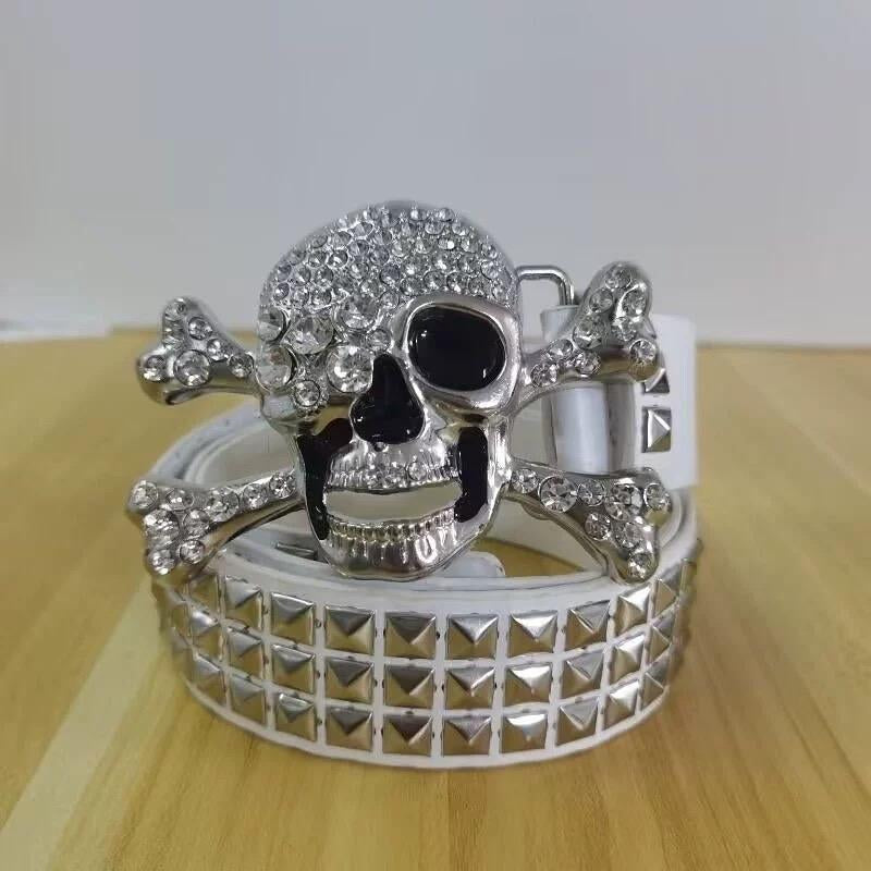 Y2K Subculture Gothic Punk Rock Skull Studded Square Bead Couple Belt Boho Leaf