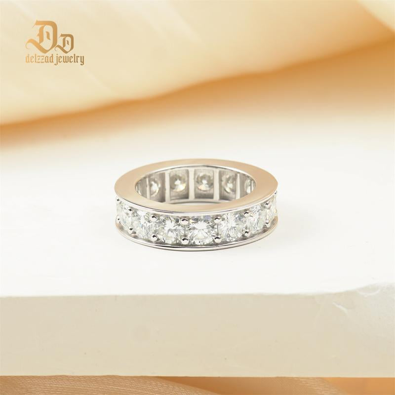 Delzzad S925 round VVS Synthetic Moissanite Classic Eternity Ring Band Engagement Wedding Valentine'S Day Gifts