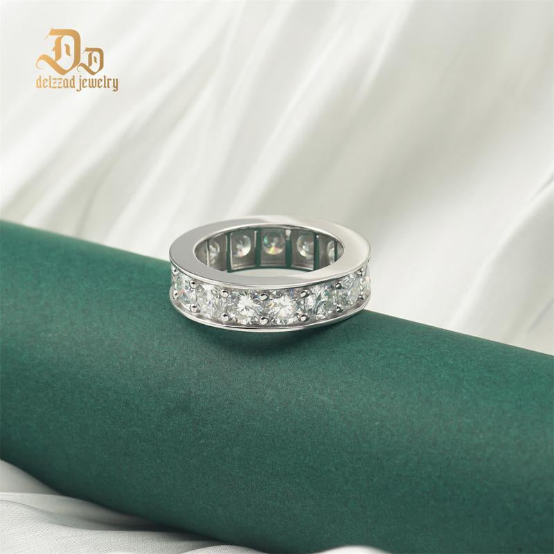 Delzzad S925 round VVS Synthetic Moissanite Classic Eternity Ring Band Engagement Wedding Valentine'S Day Gifts