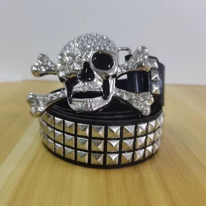 Y2K Subculture Gothic Punk Rock Skull Studded Square Bead Couple Belt Boho Leaf