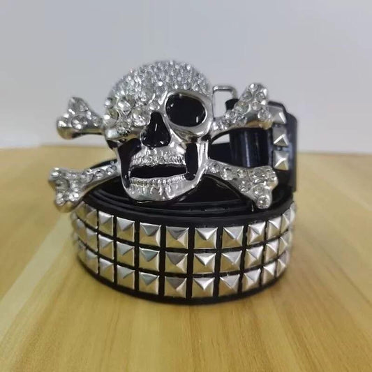 Y2K Subculture Gothic Punk Rock Skull Studded Square Bead Couple Belt Boho Leaf