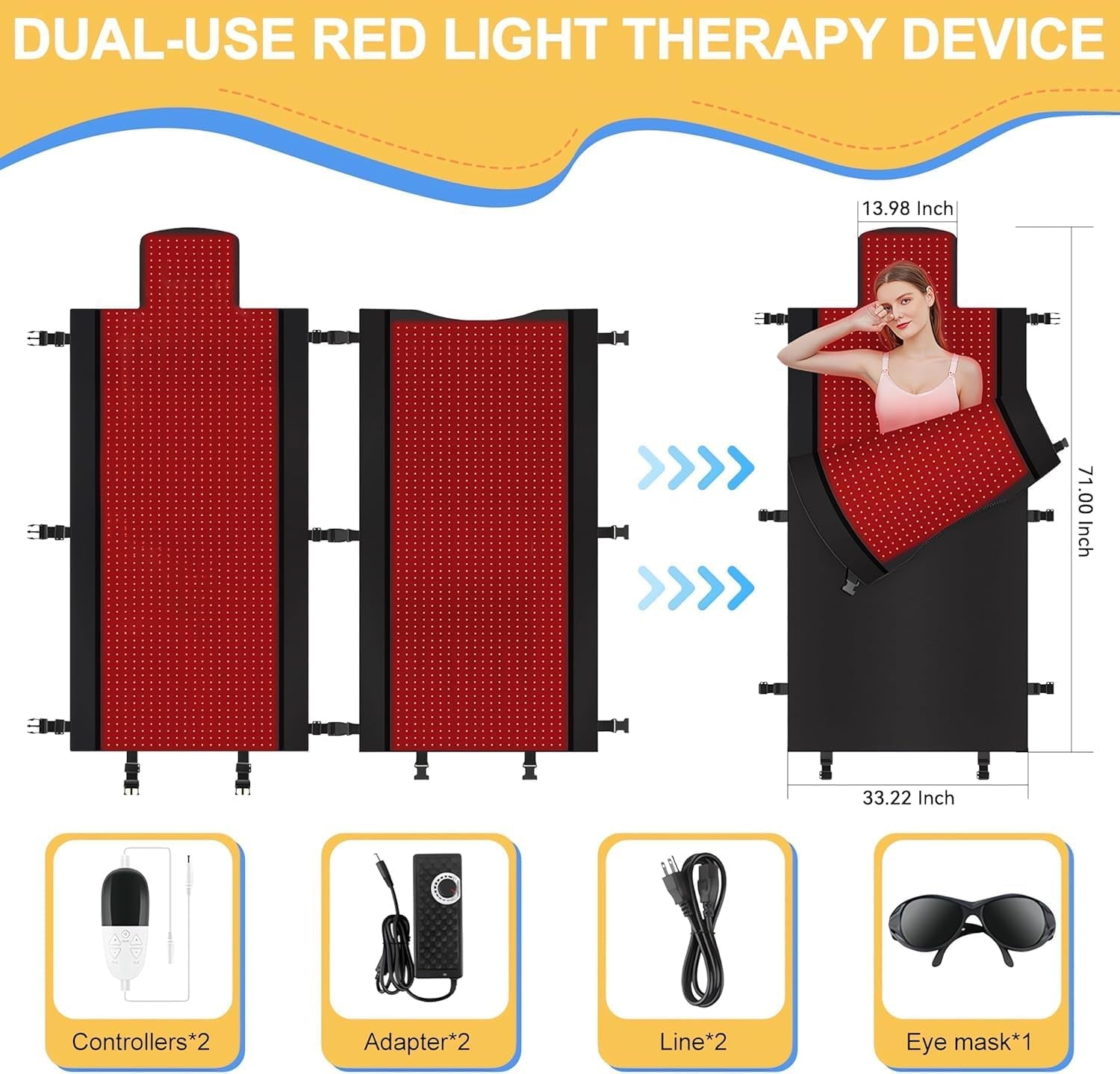 2025 New 3100Pcs Dual Wavelength LED Beads 660Nm&850Nm Red Light Therapy Mat Full Body Used to Relieve Pain 71''X 33''（Black）