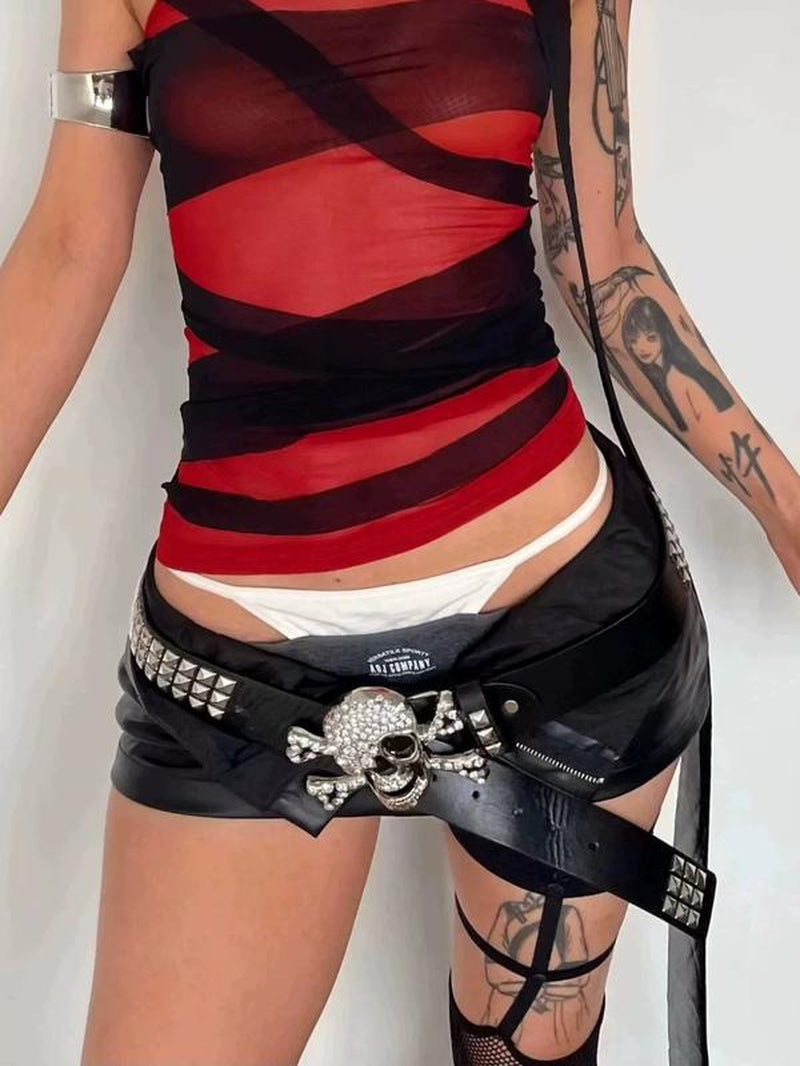 Y2K Subculture Gothic Punk Rock Skull Studded Square Bead Couple Belt Boho Leaf